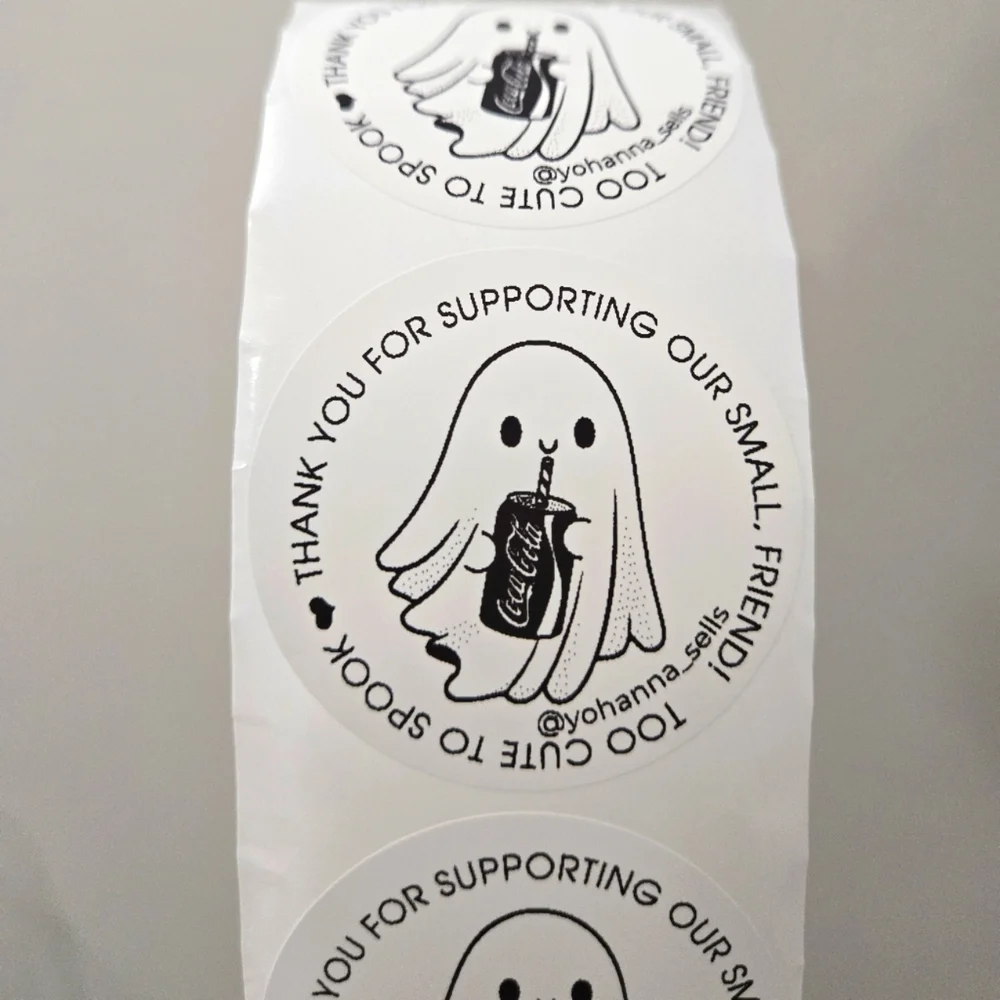 100 White Cute Ghost Stickers with Coca-Cola Design 2 Inches